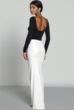 Navy and White Maxi Sheath Formal Dress with Sleeves