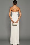 White Sheath Pleated Strapless Maxi Wedding Reception Dress