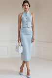Light Blue 2 Piece Pencil Midi Work Dress with Buttons