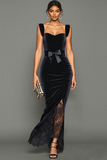 Black Mermaid Velvet Thick Straps Long Formal Dress with Bow