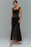 Black Mermaid Velvet Thick Straps Long Formal Dress with Bow