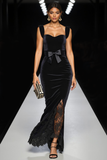 Black Mermaid Velvet Thick Straps Long Formal Dress with Bow