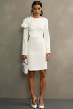 White Bodycon Boat Neck Short Formal Dress with Flower