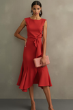 Red Sheath Midi Sleeveless Formal Dress with Ruffles