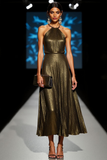 Olive Halter Metallic A Line Maxi Formal Dress