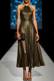 Olive Halter Metallic A Line Maxi Formal Dress
