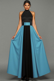 Patchwork High Neck A Line Long Black and Blue Dress