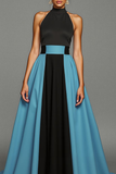 Patchwork High Neck A Line Long Black and Blue Dress