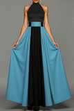 Patchwork High Neck A Line Long Black and Blue Dress
