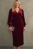 Cabernet Plus Size Velvet Midi Sheath V-Neck Formal Dress with Sleeves