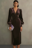 Simple White Sheath V-Neck Midi Velvet Holiday Party Dress
