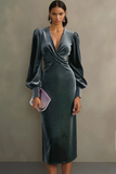 Simple White Sheath V-Neck Midi Velvet Holiday Party Dress