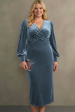 Royal Blue Velvet Sheath V-Neck Midi Formal Dress