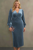Cabernet Plus Size Velvet Midi Sheath V-Neck Formal Dress with Sleeves