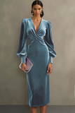 Royal Blue Velvet Sheath V-Neck Midi Formal Dress