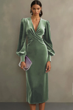 Royal Blue Velvet Sheath V-Neck Midi Formal Dress