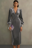 Simple White Sheath V-Neck Midi Velvet Holiday Party Dress