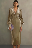 Simple White Sheath V-Neck Midi Velvet Holiday Party Dress