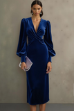 Cabernet Sheath V-Neck Midi Velvet Formal Dress