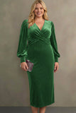 Cabernet Plus Size Velvet Midi Sheath V-Neck Formal Dress with Sleeves