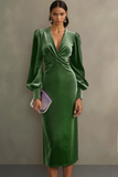Simple White Sheath V-Neck Midi Velvet Holiday Party Dress