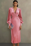 Simple White Sheath V-Neck Midi Velvet Holiday Party Dress