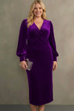 Cabernet Plus Size Velvet Midi Sheath V-Neck Formal Dress with Sleeves