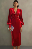 Royal Blue Velvet Sheath V-Neck Midi Formal Dress
