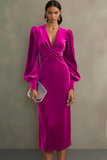 Royal Blue Velvet Sheath V-Neck Midi Formal Dress