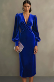 Royal Blue Velvet Sheath V-Neck Midi Formal Dress