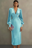 Simple White Sheath V-Neck Midi Velvet Holiday Party Dress