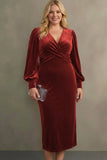 Cabernet Sheath V-Neck Midi Velvet Formal Dress