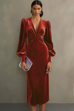 Royal Blue Velvet Sheath V-Neck Midi Formal Dress