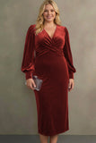 Royal Blue Velvet Sheath V-Neck Midi Formal Dress