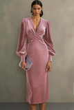 Simple White Sheath V-Neck Midi Velvet Holiday Party Dress