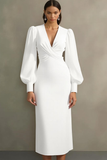 Leely Women White Sheath Velvet Work Dress V-Neck Midi Engagement Dress with Sleeves