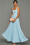 Sky Blue Pleated A Line Long Chiffon Bridesmaid Dress