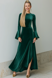 A Line Maxi Velvet Dark Green Formal Dress with Sleeves