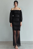 Chiffon Sheath Long Black Formal Dress with Tulle