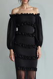 Chiffon Sheath Long Black Formal Dress with Tulle