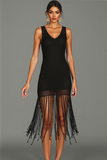 Black Sheath Thick Straps Midi Cocktail Dress with Fringes
