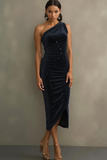 Ruched Velvet One Shoulder Midi Black Formal Dress with Slit
