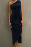 Ruched Velvet One Shoulder Midi Black Formal Dress with Slit