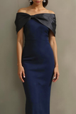 Navy Mermaid Off the Shoulder Maxi Formal Dress with Bow