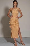 Sparkly Champagne Mermaid Ruched Long Sequin Formal Dress with Slit