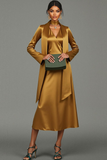 Golden Satin Neck Scarf Maxi Formal Dress with Sleeves