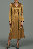Golden Satin Neck Scarf Maxi Formal Dress with Sleeves