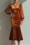 Brown Velvet Mermaid Lantern Sleeves Formal Dress