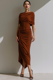 Brown Chiffon Ruched Maxi Sheath Formal Dress