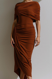 Brown Chiffon Ruched Maxi Sheath Formal Dress